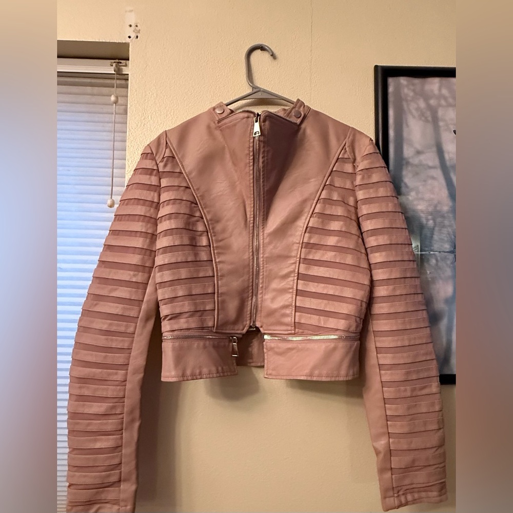 Azalea Wang Tan Faux Leather Cropped Bomber Jacket, Size Medium, NWOT
